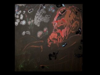 Abstraktes Porträt Friedrich Nietzsches in Rot- und Dunkeltönen – Öl über Dispersion (2009) von Albert Lascaux, zum Zitat ›Ein Beruf ist das Rückgrat des Lebens‹ aus Menschliches, Allzumenschliches.