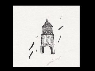 Zeichnung der Fassade der Universität der Künste Berlin – reduzierte architektonische Studie, Tusche auf Papier, 2021.