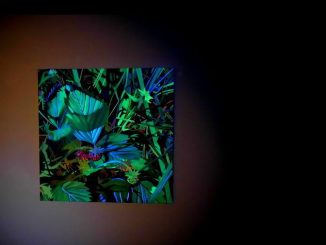 Contemporary oil painting of a strawberry plant in grass, using UV-reactive pigments that fluoresce under blacklight.