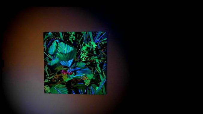 Contemporary oil painting of a strawberry plant in grass, using UV-reactive pigments that fluoresce under blacklight.