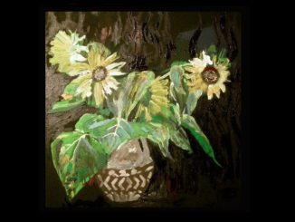 Sonnenblumengemälde von Albert Lascaux: gelbe Blüten und grüne, teils herabhängende Blätter in einer verzierten Vase vor dunklem Hintergrund.