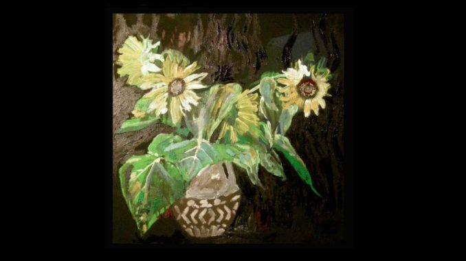 Sonnenblumengemälde von Albert Lascaux: gelbe Blüten und grüne, teils herabhängende Blätter in einer verzierten Vase vor dunklem Hintergrund.